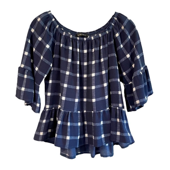 THE NECK DOWN, by CHICOS, WOMENS, BLUE PLAID TOP. PEASANT STYLE NECKLINE. SIZE S - Picture 1 of 6
